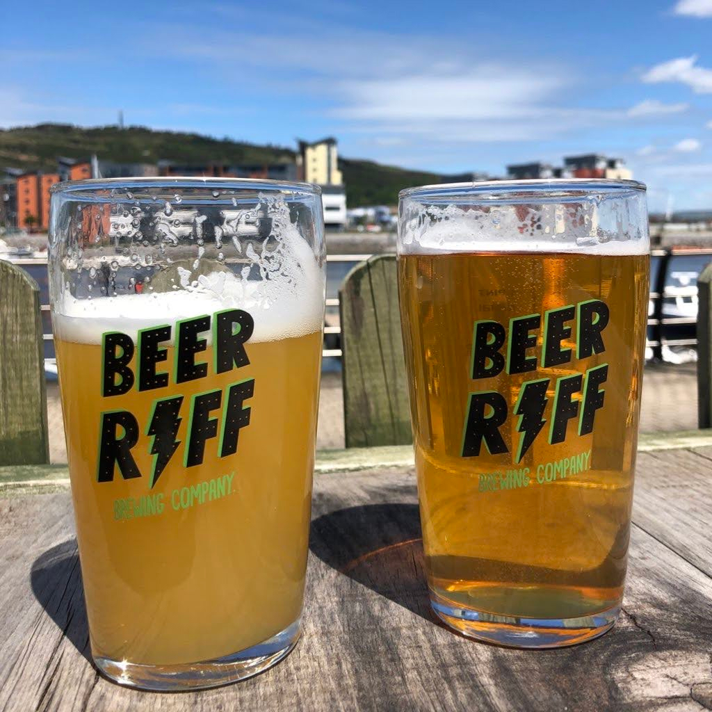 2 Beer Riff pint glasses on a table