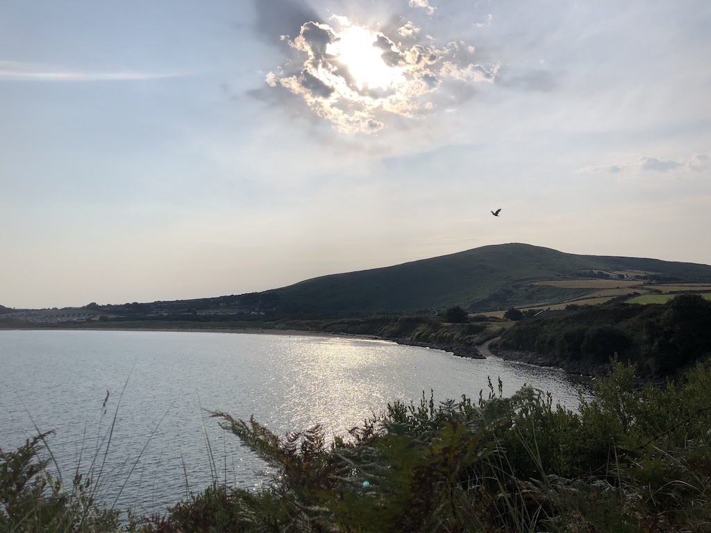 Beach at high tide. Sun light is reflecting off the surface. The sun is covered by small clouds. A bird flies past, and there is a hill in the background.