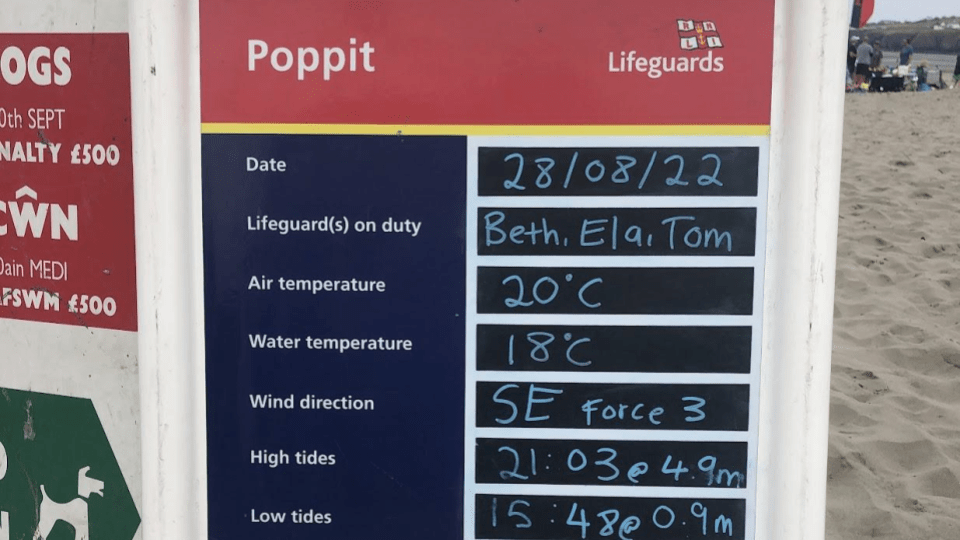 A lifeguard sign on a beach that details the air and water temp, wind direction and tide times.