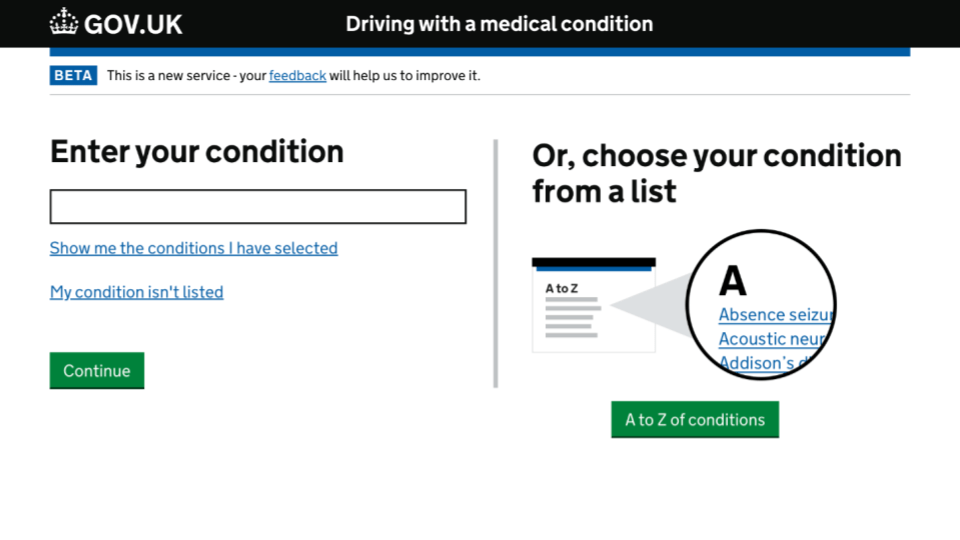 A screenshot of the DVLA website that allows people to search for their medical condition.