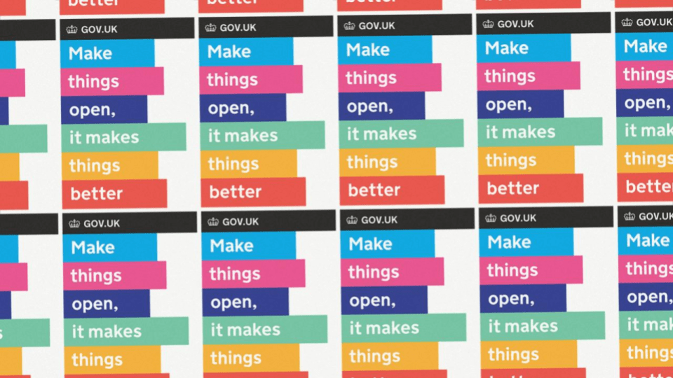 The phrase Make things open, it makes things better repeated several times. The text is white and each word has a different brightly coloured rectangle behind it.