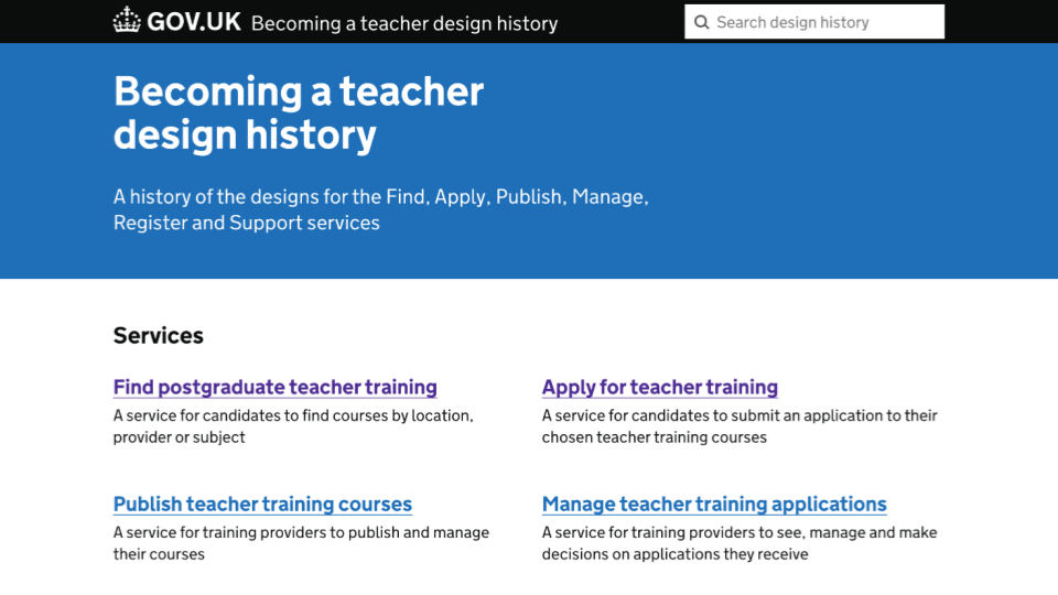 Screenshot of a website. Large white text on a blue banner reads: Becoming a teacher design history.