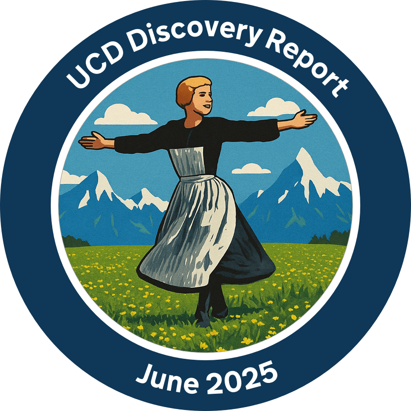 Round mission patch featuring an illustration Julie Andrews in Sound of Music standing in a field of grass surrounded by mountains. Text reads: UCD Discovery Report June 2025.