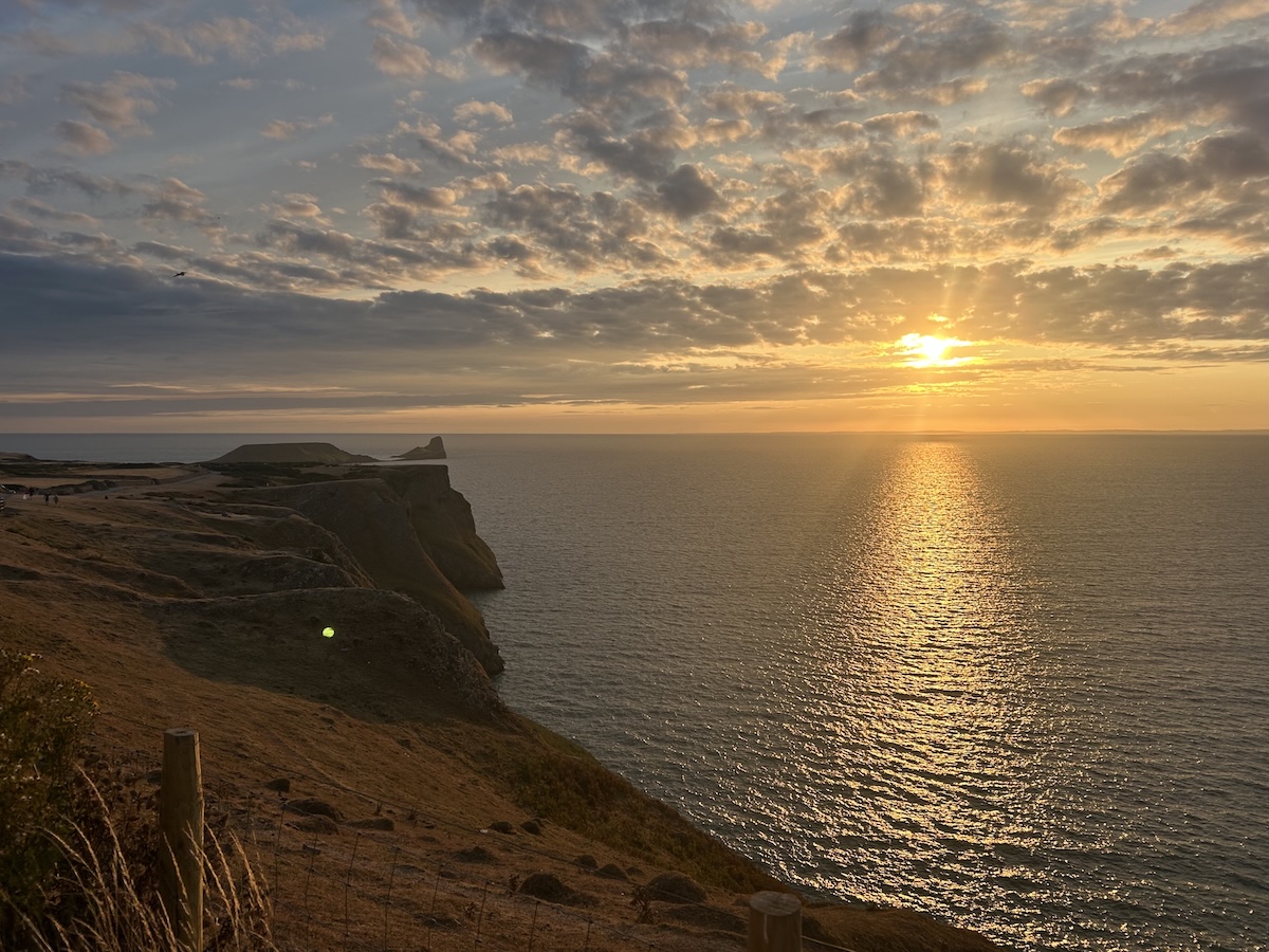 Golden sunset over the sea. Grassy cliffs with dry yellow grass stretch into distance on one side.